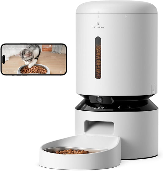 PETLIBRO Alimentador automático para gatos com câmera, vídeo HD 1080P com visão noturna, alimentador para animais de estimação 5G Wi-Fi, controle de aplicativo, voz em tempo real, sensor de pouca comida e bloqueio