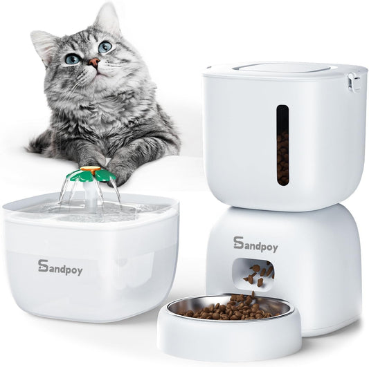 Sandpoy Alimentador automático para gatos e dispensador de água, dispensador de comida para gatos 3L com tampa de travamento, comedouro para gatos cronometrado para alimentos secos, controle de porção, 4 refeições diárias