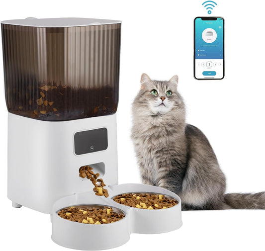 TOPEV Alimentador automático para gatos, dispensador de comida para gatos cronometrado de 5L, alimentador para gatos WiFi de 2,4 GHz, alimentador para animais de estimação, fonte de alimentação dupla, 2 tigelas de aço inoxidável