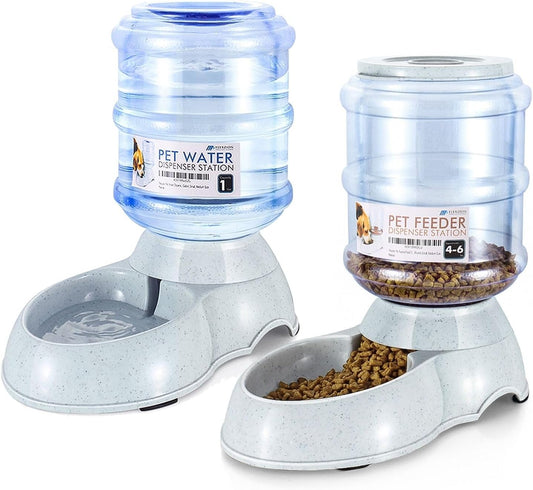 Flexzion Conjunto de dispensador de água para alimentos para animais de estimação Gravity (pequeno) para cães e gatos Reabastecimento automático de água para armazenamento de alimentos secos