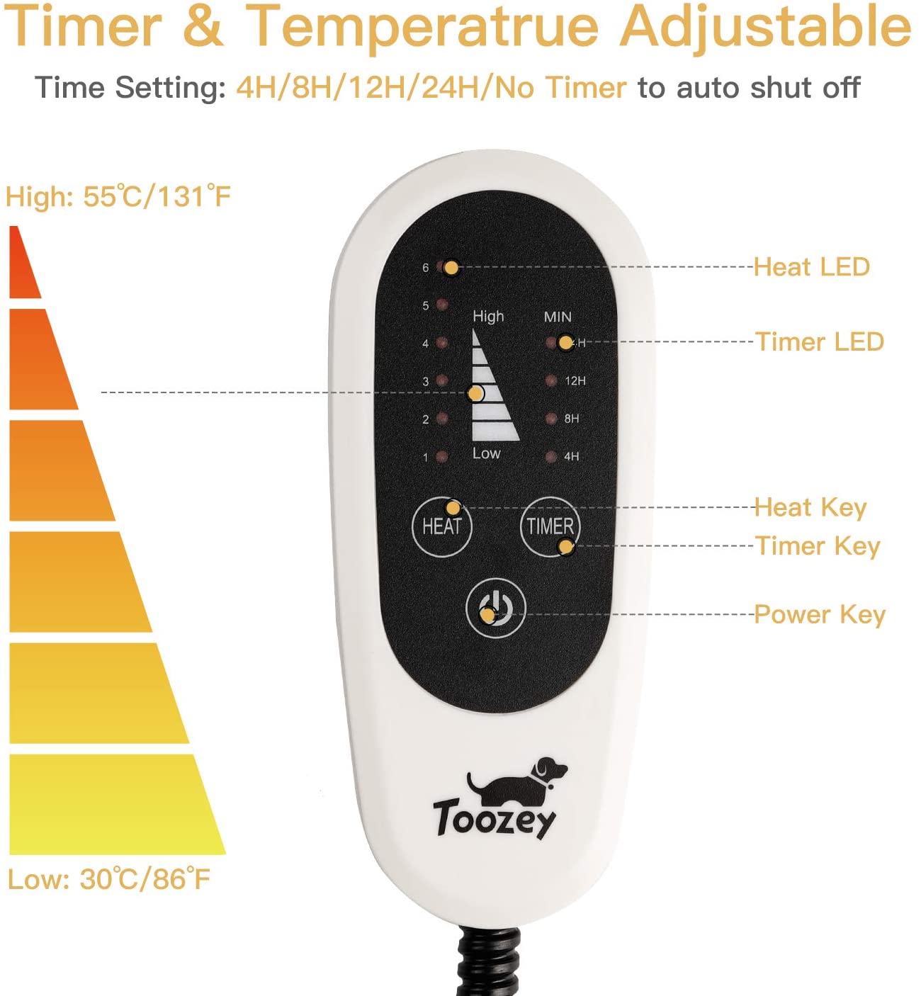 Toozey - Tapete elétrico para cães 70 * 40 cm, 4 temporizador ajustável e 6 temperatura ajustável