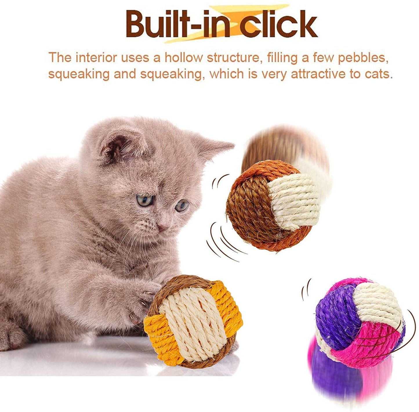 Cat Toy Ball - Brinquedos com bolas de sisal gatos - kit com 6 bolas